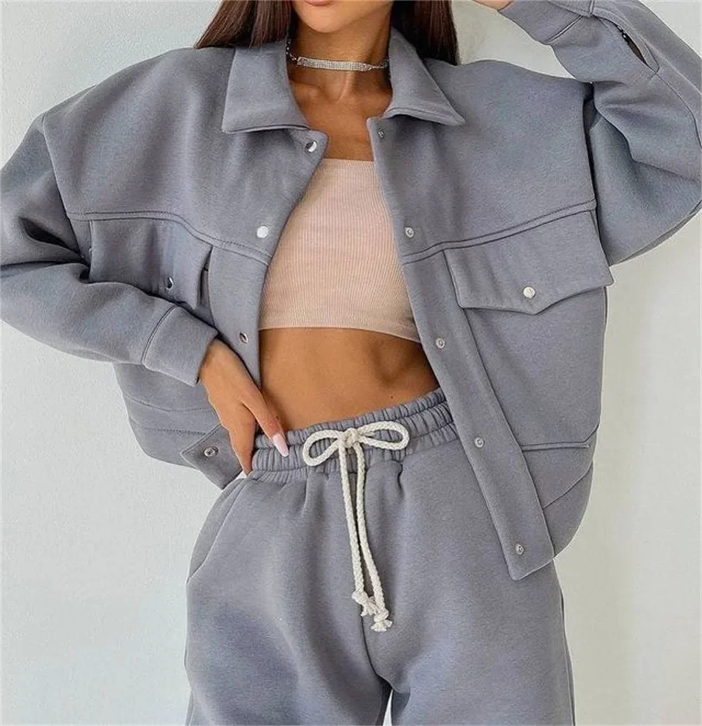 Women Tracksuit Matching Sets Two Pieces Set Single Button Jacket Coat Pockets Pants Suit Drawstring Trousers Sports Outfits