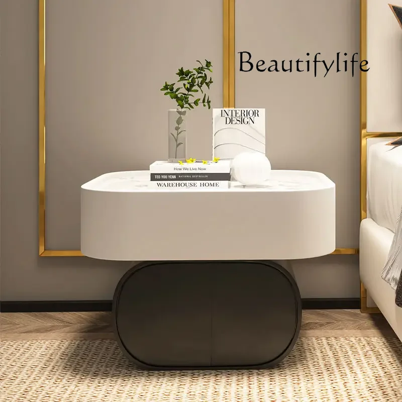 

W Installation-free Bedside Table Modern Simplicity Light Luxury High Sense Round Rock Slab Minimalist Bedside Small Cabinet Cre