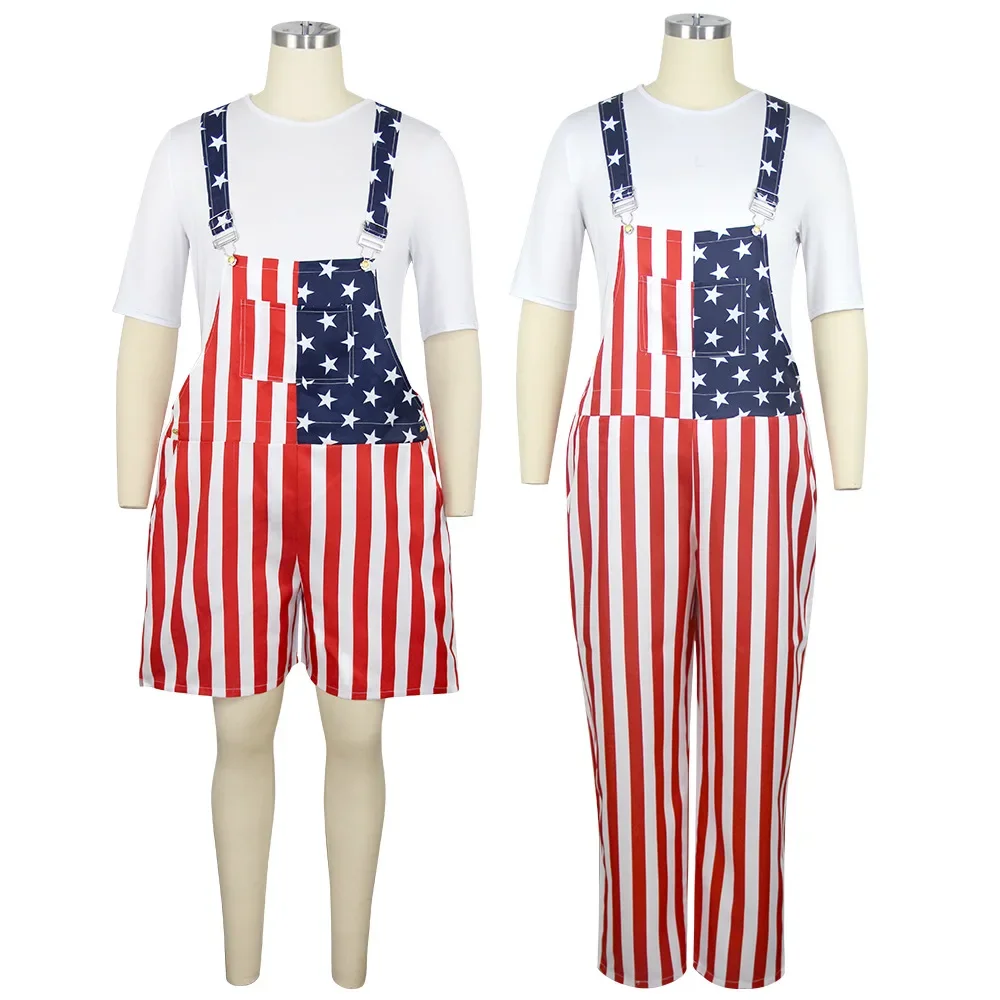 

American Flag Print Shorts Rompers Men Women Halloween Carnival Cosplay Casual Suspender Outfits