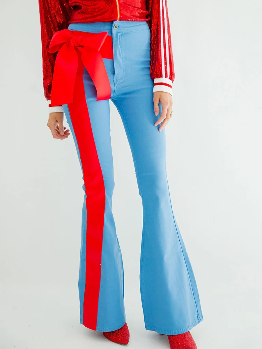 

GuliriFei Women’s Christmas Flared Pants Mid Waist Bow Front Flare Pants Stylish Bell-Bottoms Trousers