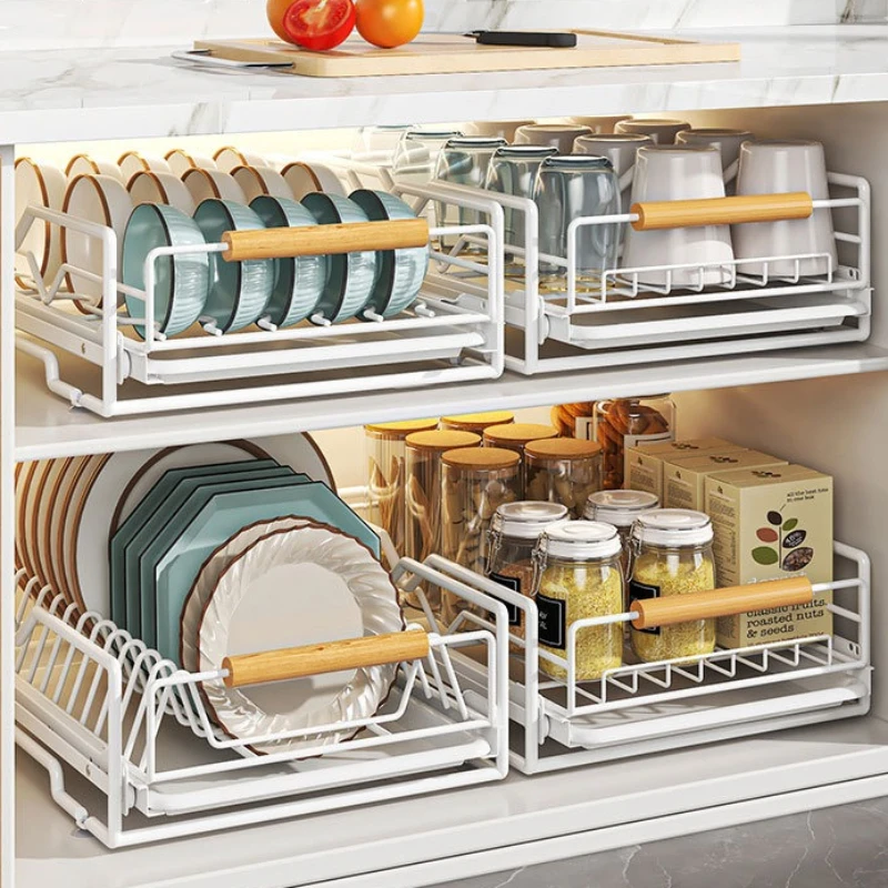 

Kitchen Household Drain Bowl Rack Layered Seasoning Bowl Rack in Cabinet Double Layer Drawer Type Pull Basket Dish Storage Rack