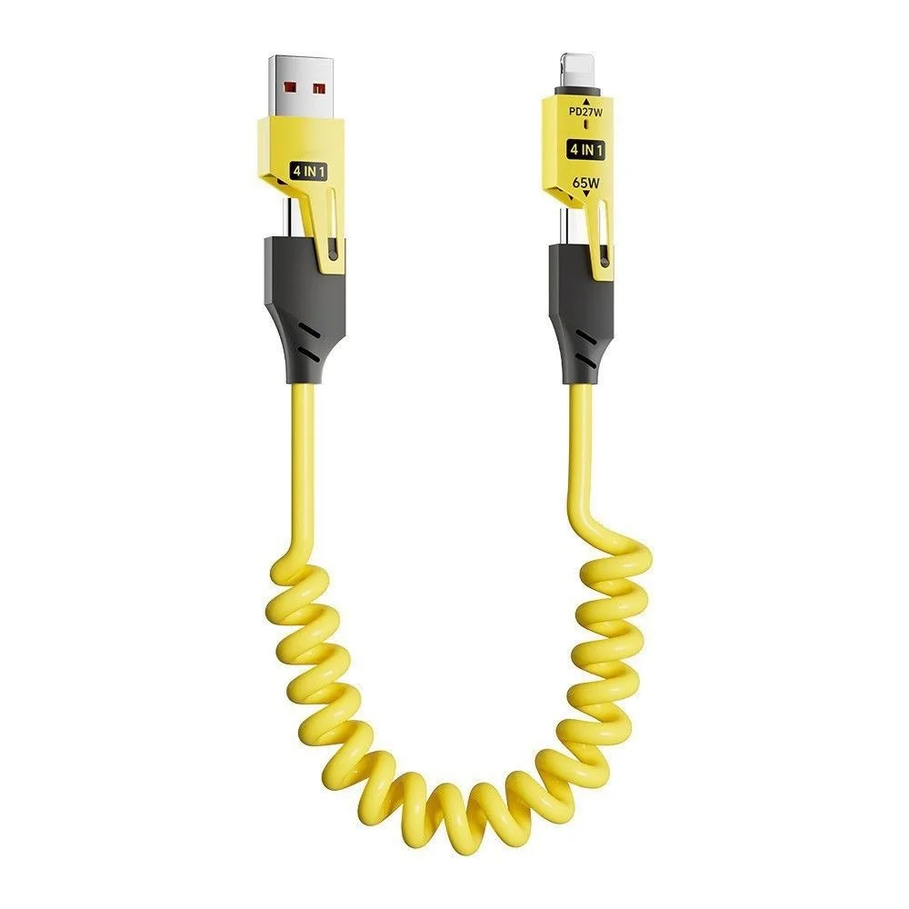 2026 65W 4 in 1 Coiled USB C Fast Charging Cable Type C iP Data Cord Zinc Alloy Spring Cable for iPhone Samsung Xiaomi Car 1.5M