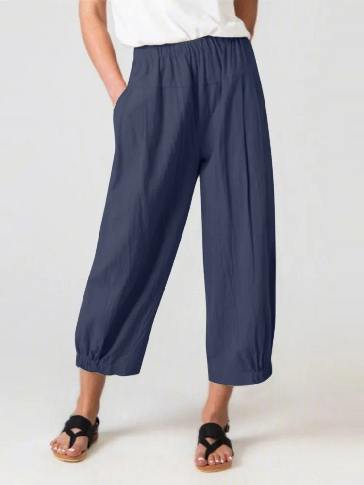 Women Cotton Linen Loose Pants New Spring Autumn Elastic Waist Pants Lady Casual Baggy Cropped Pants Thin Beach Wide Leg Pant
