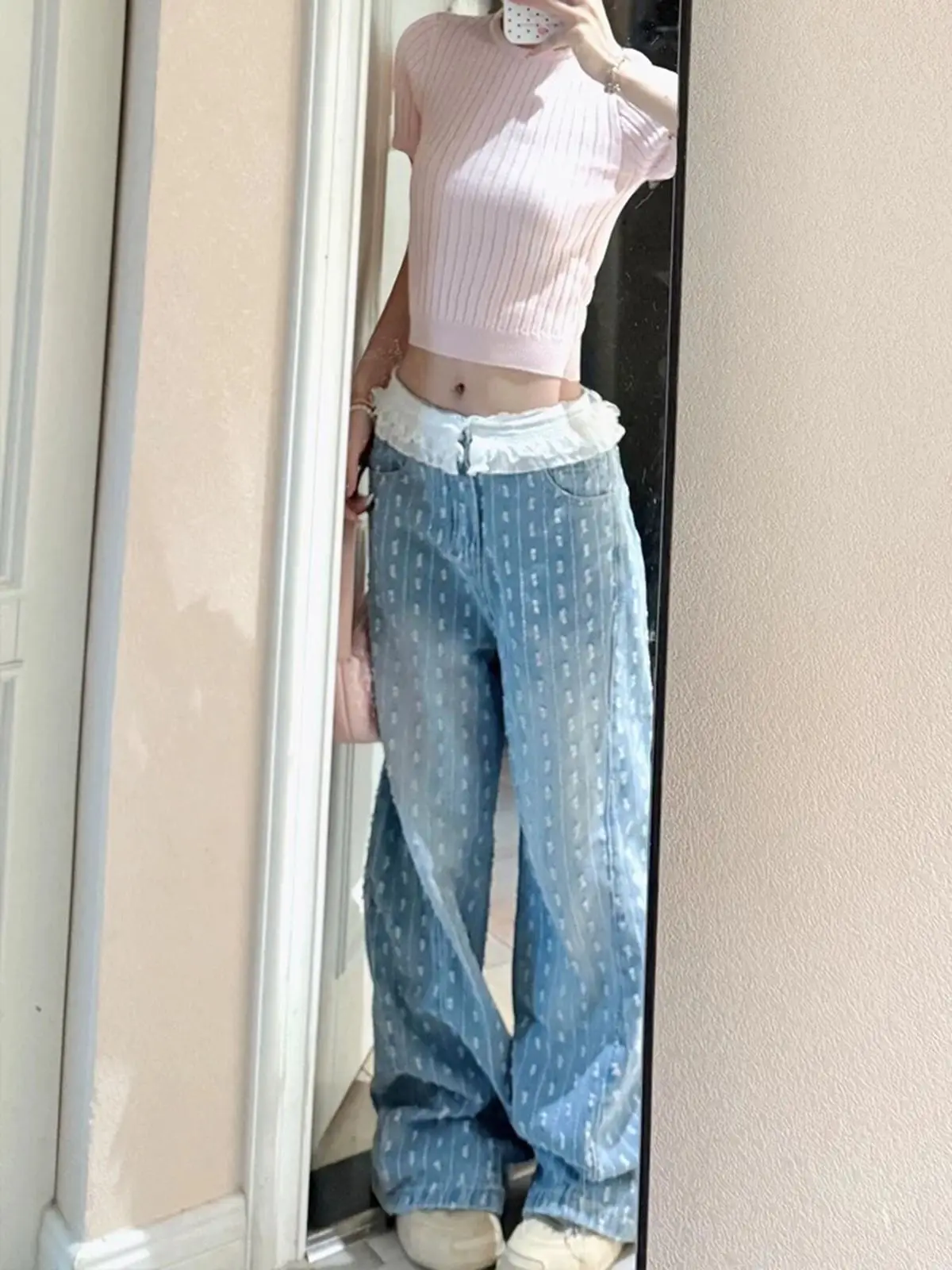Lace Patchwork Jacquard Curved Barrel Wide Leg Jeans Women Summer Y2K Loose Retro Streetwear Denim Pants