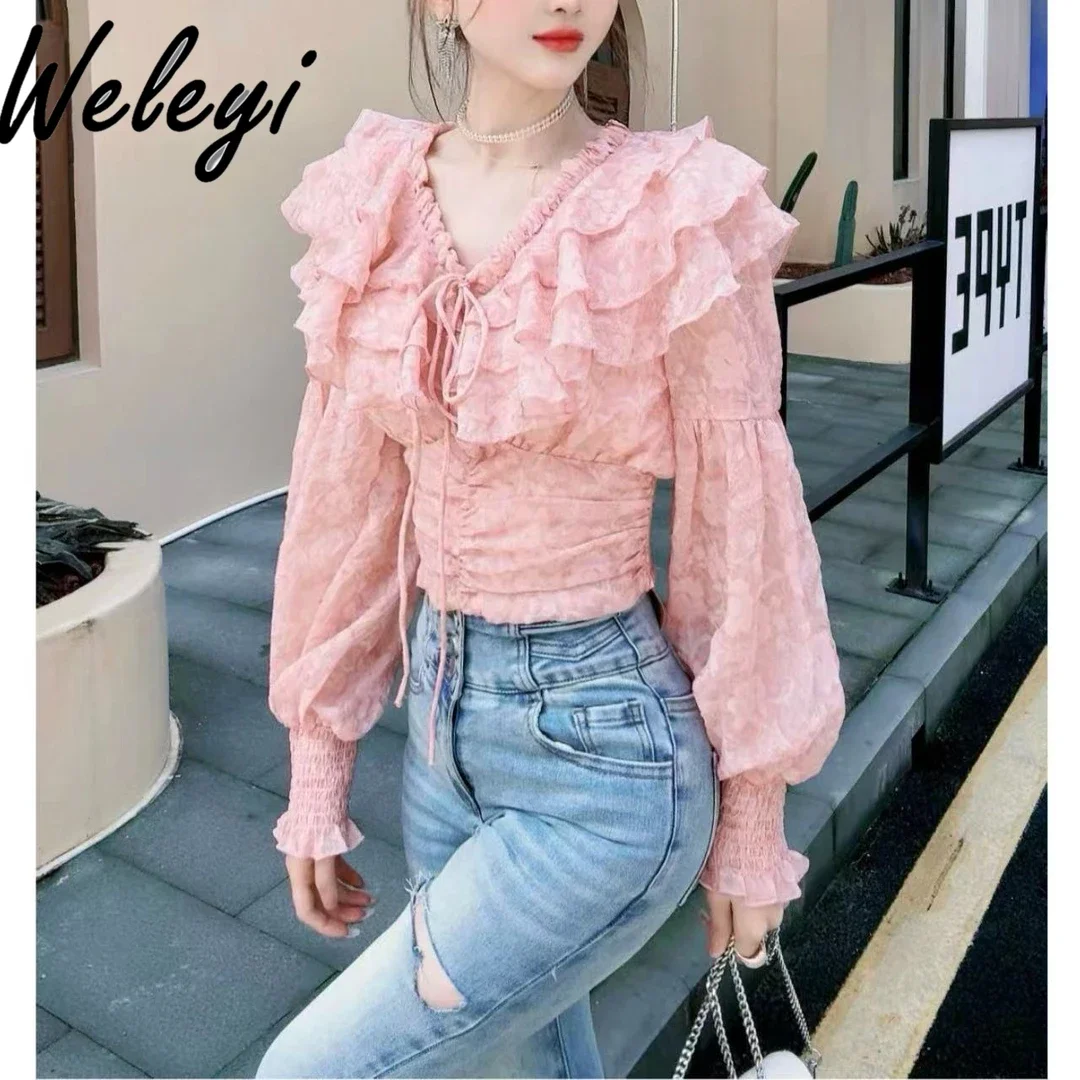 

Sweet V-Neck Pink Bubble Sleeve Ruffle Shirt Autumn Clothes Elegant Top Ladies French Lace-Up Long Sleeve Tunics Waist Blouse