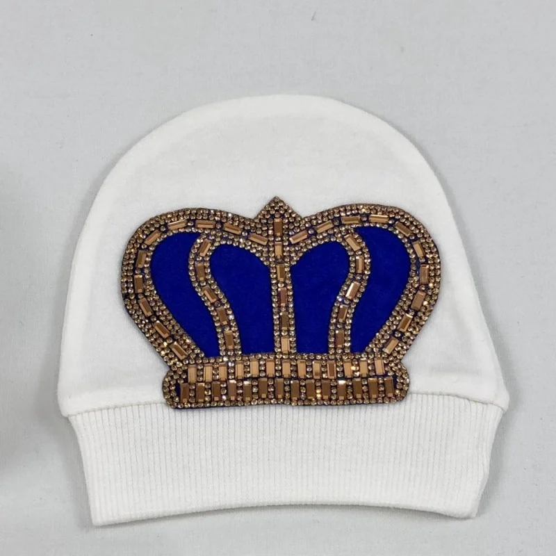 Newborn Baby Footed Romper 0-9 Months 4Pcs Off White Royal Blue Gold Rhinestone Crown Bow Long Sleeve Jumpsuit Prince Royal