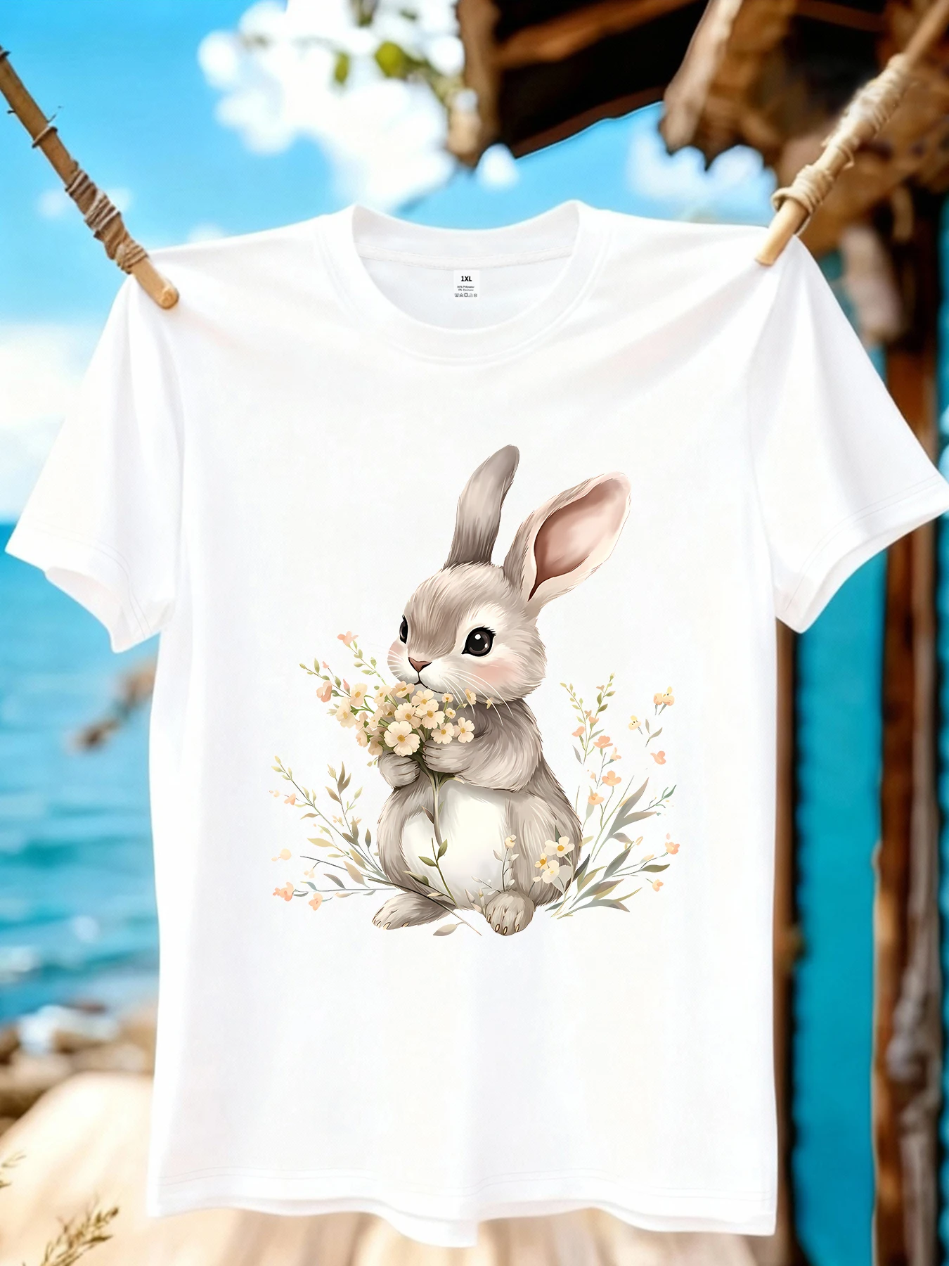 

【WZM10913】Small rabbit print plus size women's round neck summer casual short sleeved street fashion versatile T-shirt