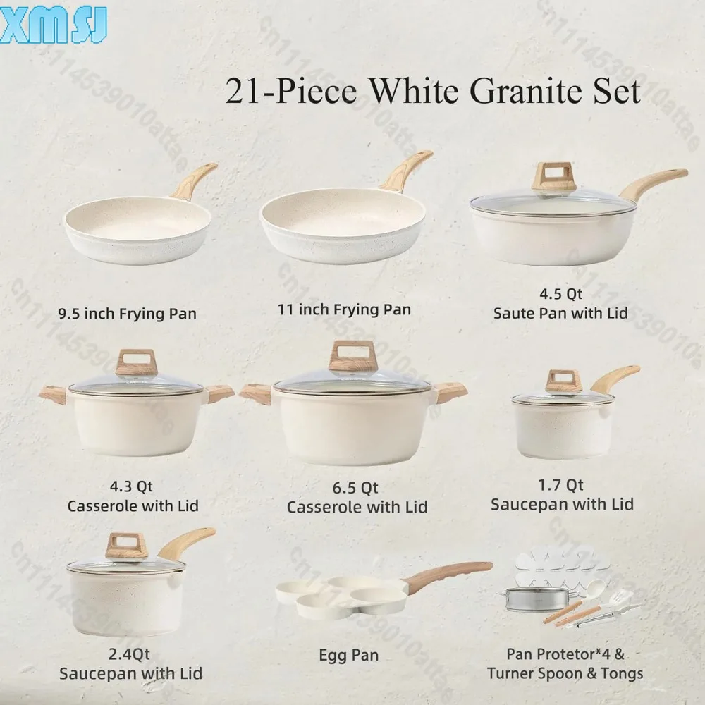 Granite Cookware Set White Induction Bottom Non Stick Coating Pans Pots for Home Cooking Kitchen