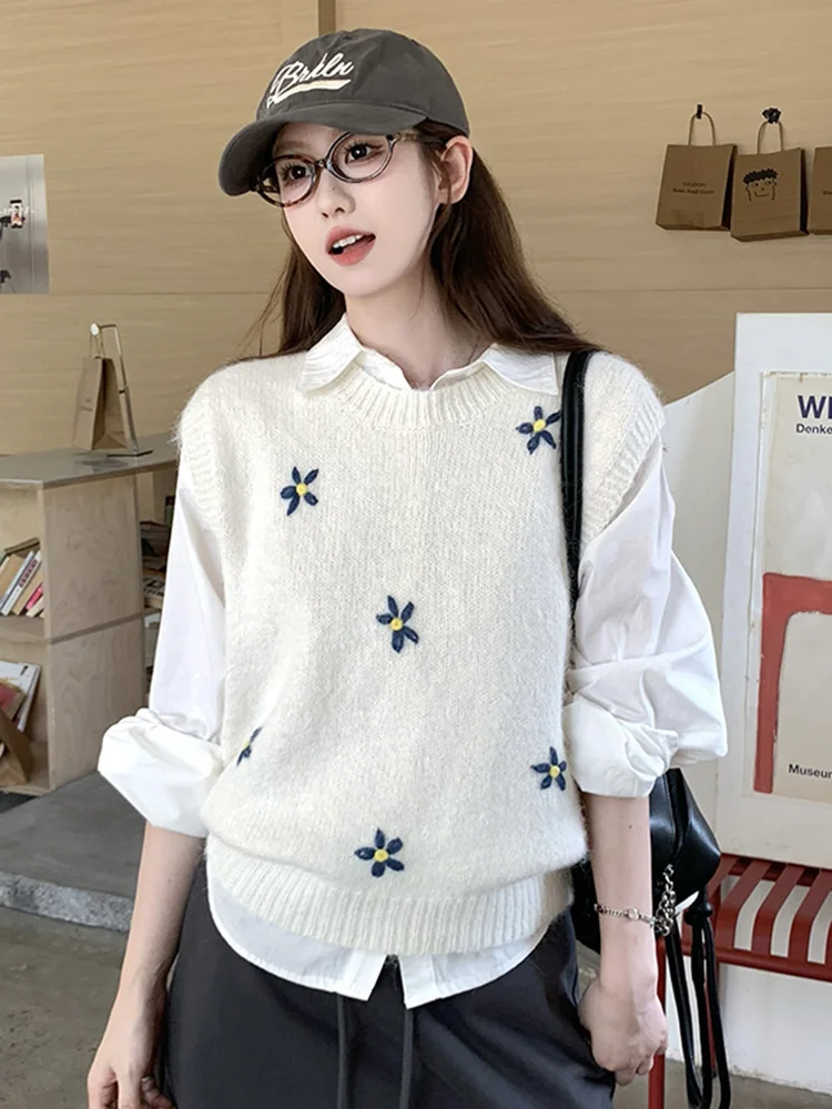 

Korean Sle Embroidered Floral Knitted Vest Women's round Ne Sweater Vest Top Layering Autumn Winter New College Sle