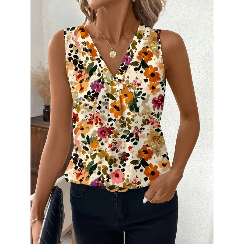 

Graceful Floral Country Style Sleeveless Blouse, Spring/Summer Rural Women's Clothing