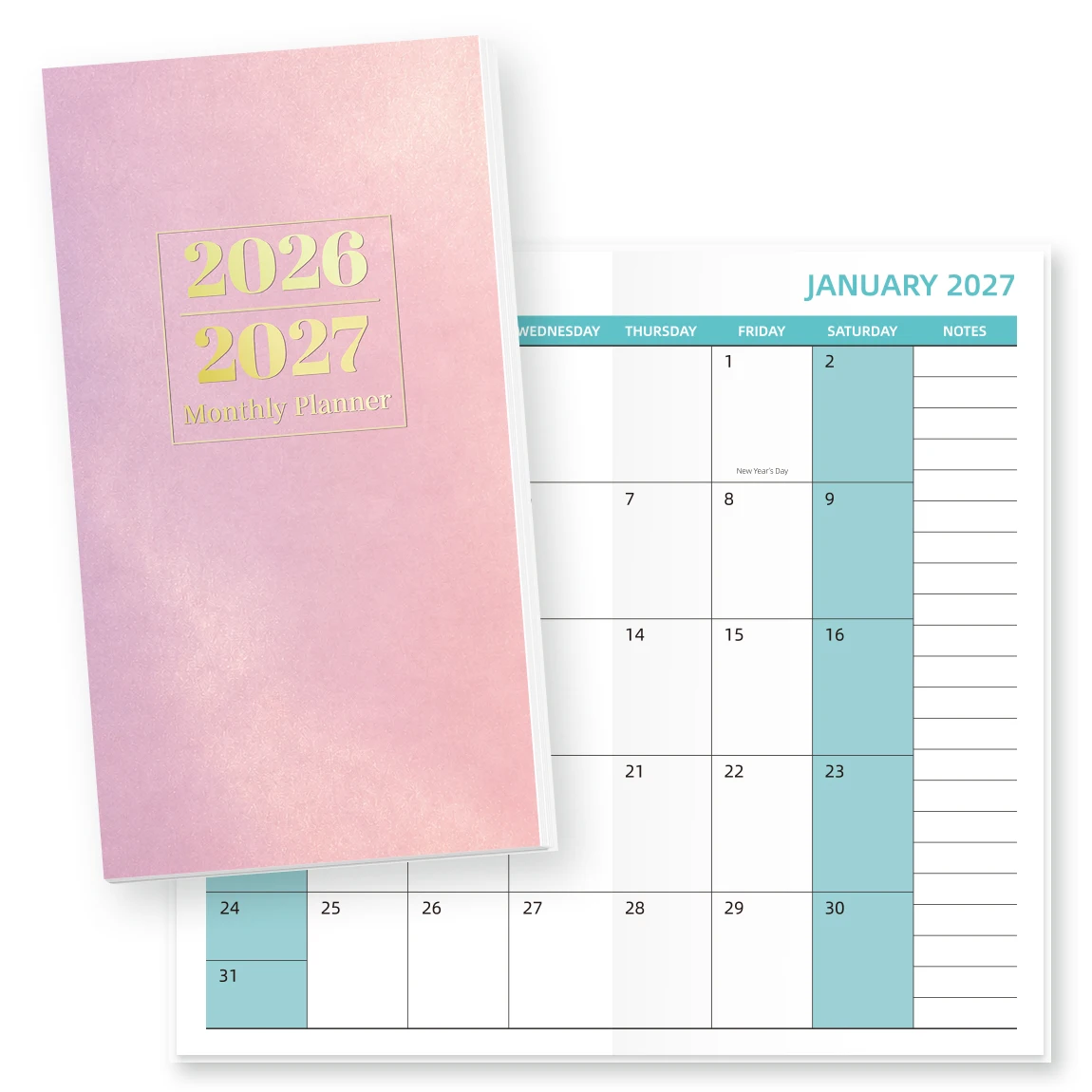 1PC A6 2026-2027 Monthly Planner, Jul 2026-Aug 2027 Pocket Calendar with Notes, Waterproof Pink Gradient Cover