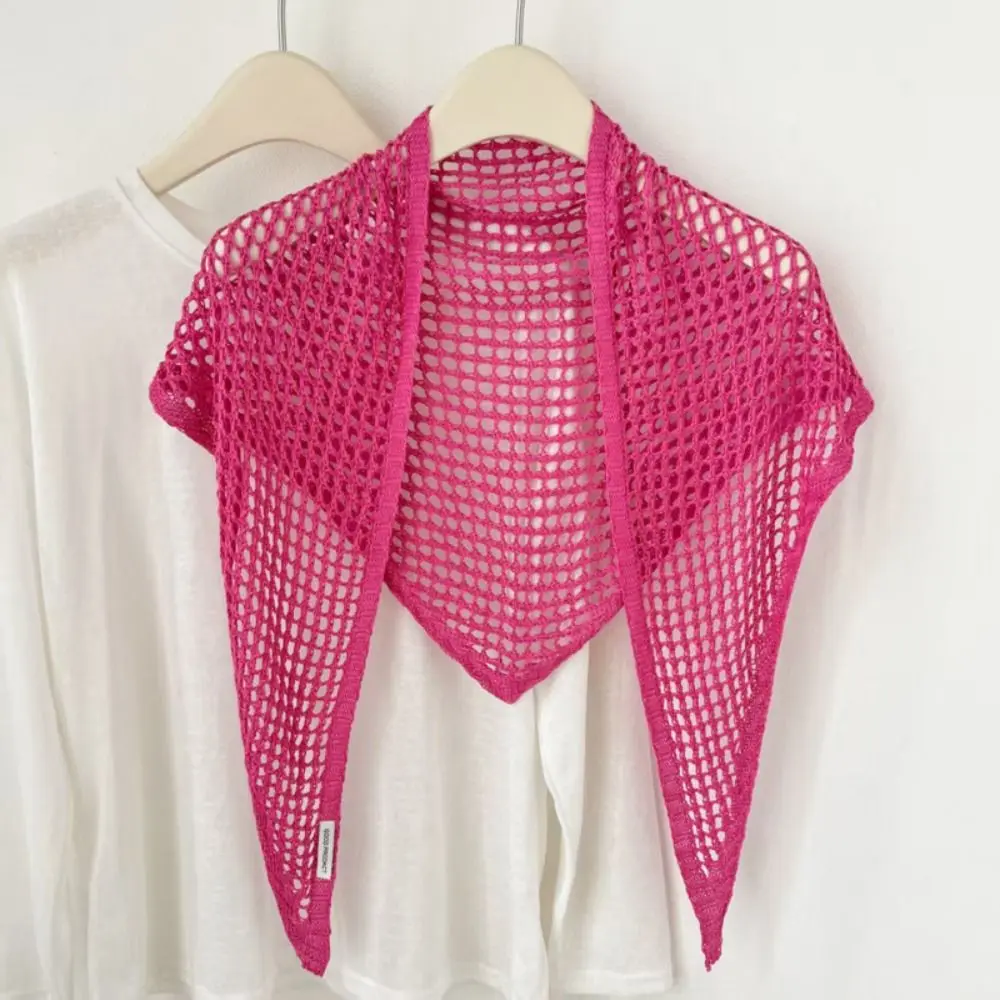 Elegant Solid Color Triangular Shawl Bohemian Y2K Silk Scarf Headband Neckerchief Knitted Hollow Out Scarf Beach