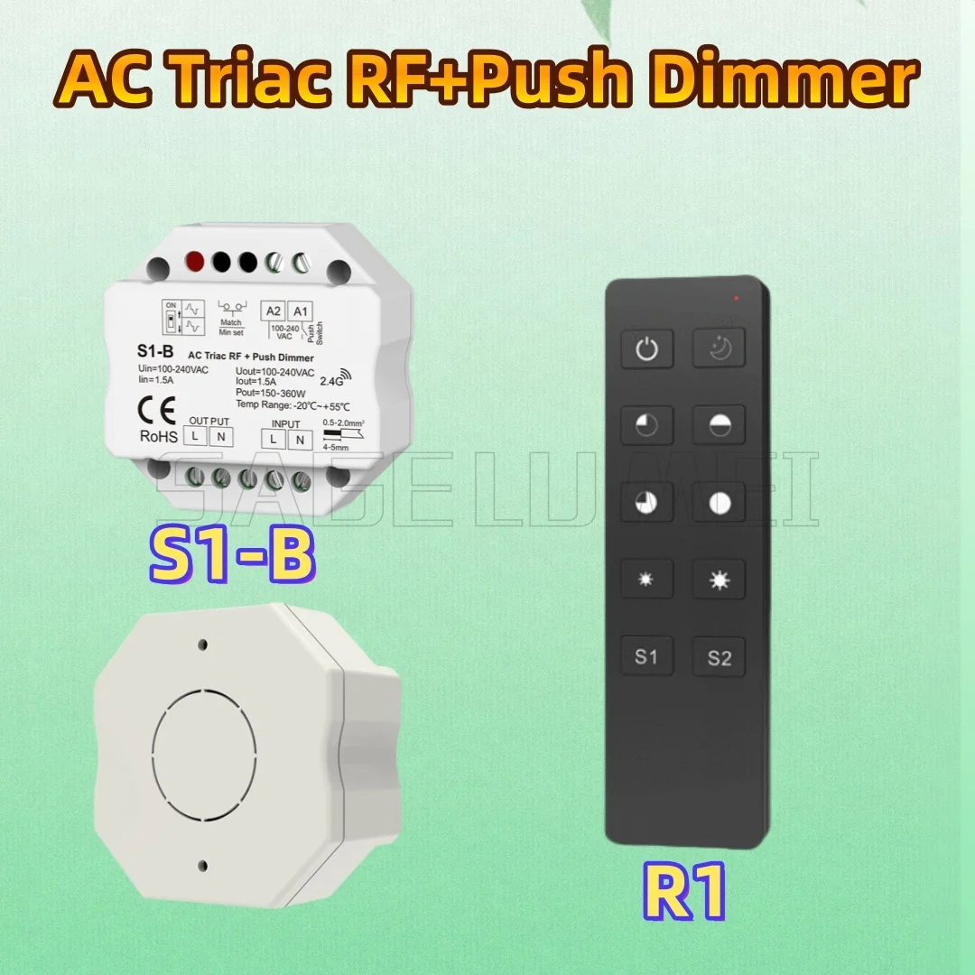 

S1-B R1 Skydance AC100-240V AC Triiac RF + Push Dimmer PWM Dimmer 2.4G Пульт дистанционного управления Кнопочный переключатель для светодиодной лампы 1CH * 1,5A