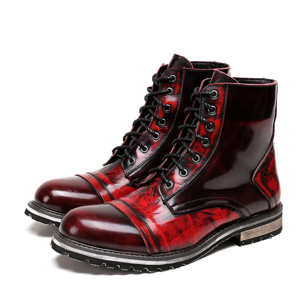 Red Printing Lace-Up Cross-Tied Genuine Leather Low Heels Pointed Toe Boots Male Plus Size British Style Motorcycle Cowboy Shoes