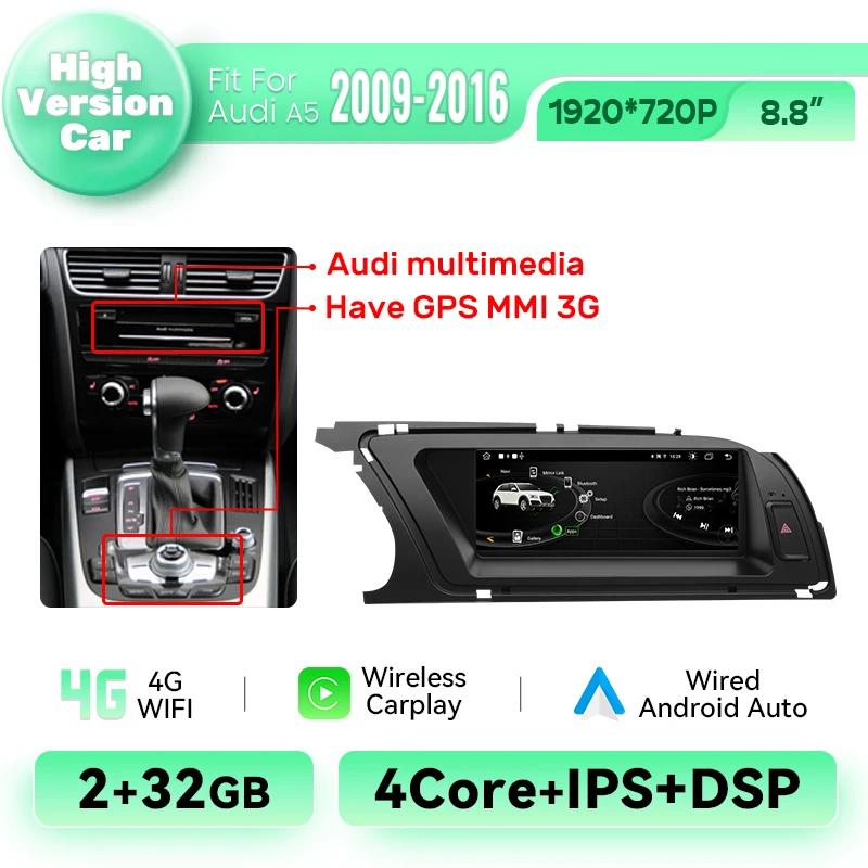 Draadloze CarPlay Android Auto Radio Speler Voor Audi A5 2009-2016 Android Multimedia DSP 4G WIFI GPS 8Core Stereo Navigatie