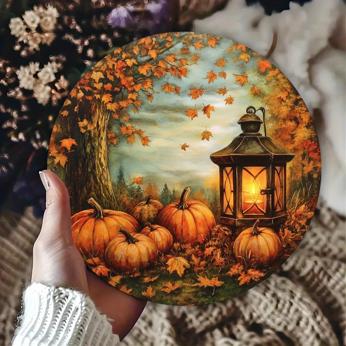 2D Flat, Wooden Circular Wall Sign - Retro Farmhouse Autumn Lantern & Decor with Warm Orange/Yellow/Brown Tones Suitable for Hom