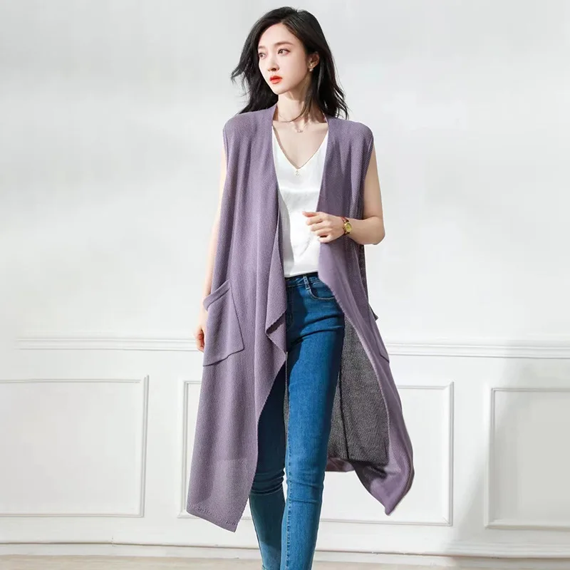 Women's Knitted Cardigans 2023 Spring Fashion Solid Colour Loose Elegant Pocket Sleeveless Long Thin Outerwears Female