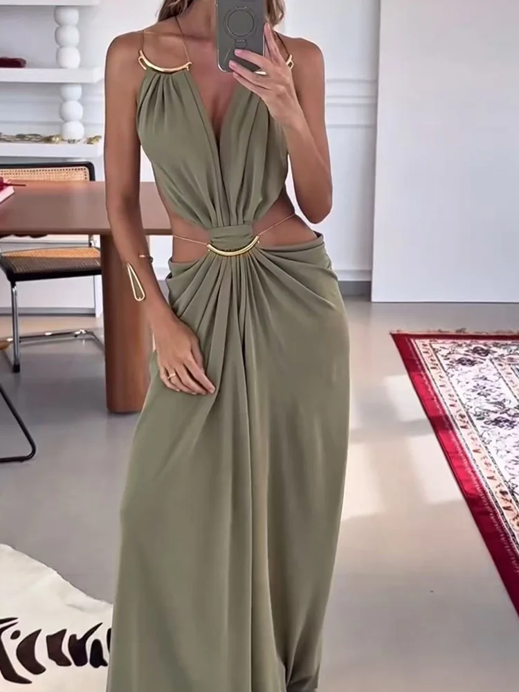 

Women Deep V Neck Backless Maxi Dress Summer Sleeveless Hollow Chic Party Dress Solid Sexy Holiday Ladies Dress Streetwear 2026