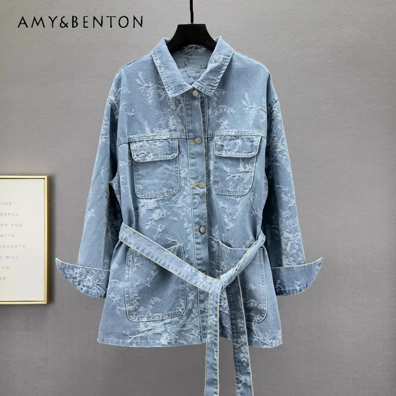 

Medium Long Women's Denim Jacket Spring 2026 New Loose Retro Design Blue Temperament Versatile Belt Embroidered Jackets Ladies