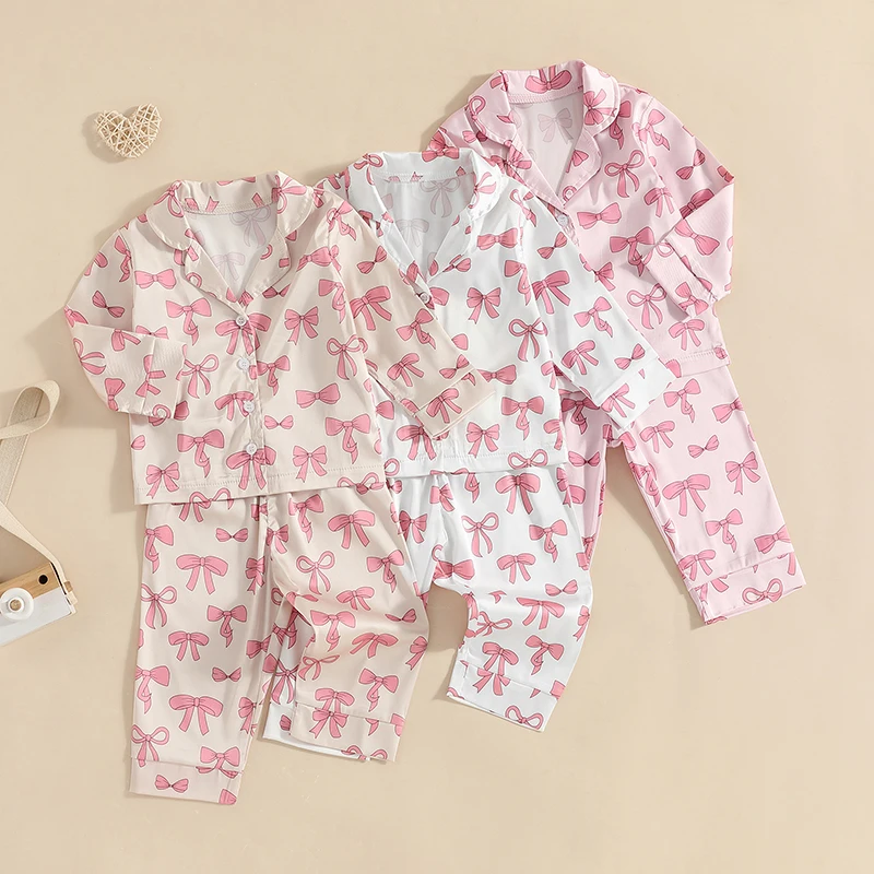 

Пижамные комплекты из 2 предметов для девочек, рубашка с длинными рукавами и лацканами на пуговицах с бантом и принтом, брюки, осенняя одежда для сна