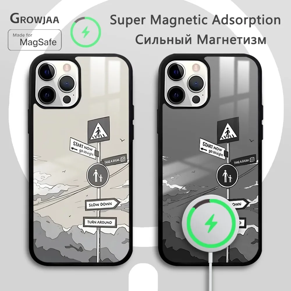 

Simple Oil Painting Road Sign Phone Case For iPhone 16 15 14 13 12 11 Pro Max Plus Mini New Magsafe Mirror Wireless Magnetic Cov