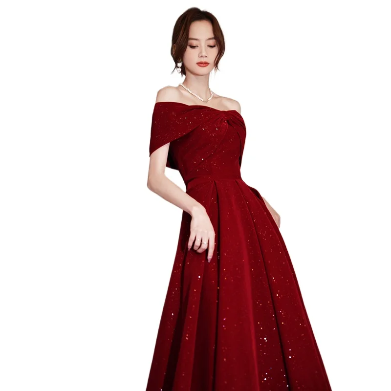 Elegant Ruched Off Shoulder Back Lace Up Formal Evening Party Dress Bungundy