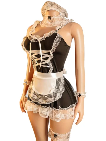 Women 6-Piece Maid Cosplay Set, Lace Outfit with Headband, Apron, Skirt, Neck Rings and Wrist Straps (One Size Fits 88‑132lbs)