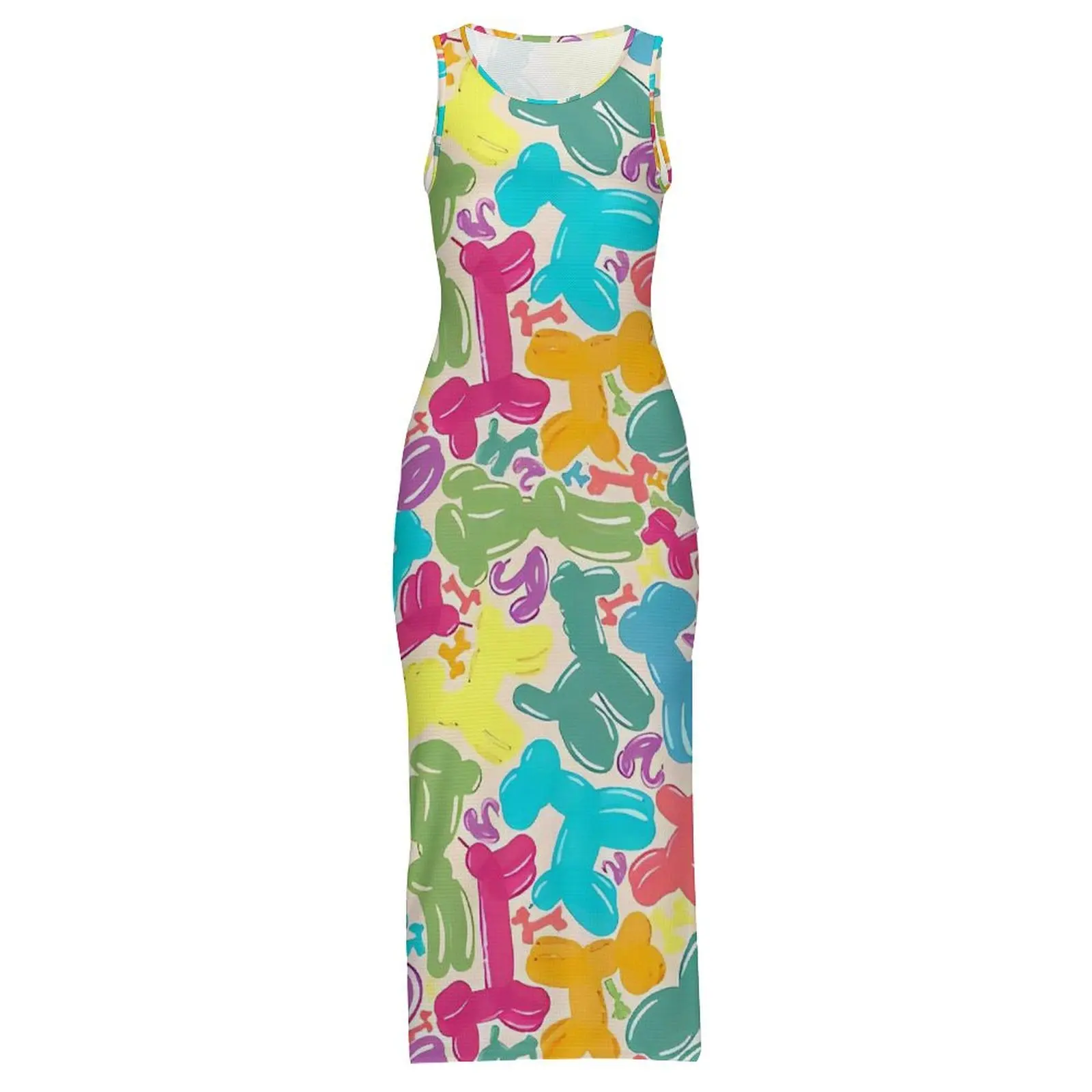 Vestido bodycon feminino bonito balão cães maxi vestidos verão animais impressão sem mangas estilo rua vestido gráfico 2xl 3xl 4xl