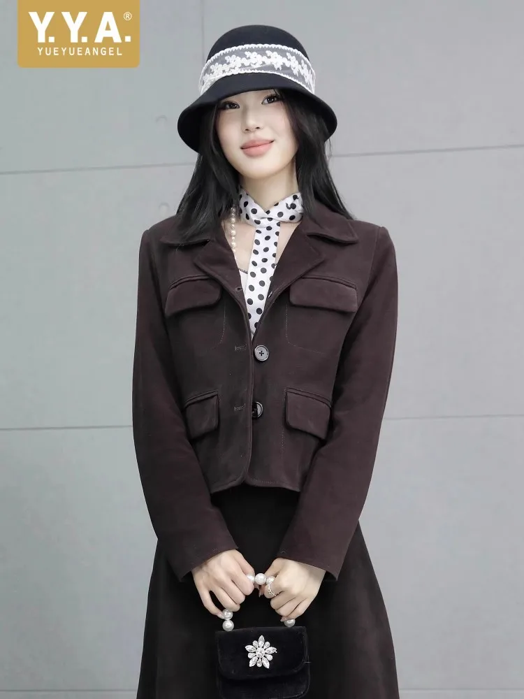 Dark Coffee Color Womens Jacket Autumn Long Sleeve Top Suit Collar Short Jackets Single Breasted Two Button Slim Fit Outerwear