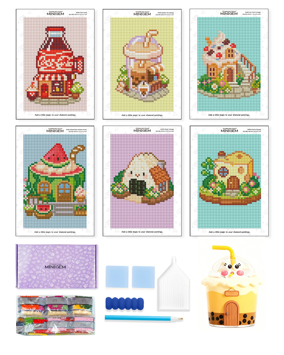 Forever Young Minigem 6PCS Tea Time Cottage Diamond Painting Kit - 5x7 Inch Resin Square Diamond Art Kits for Beginners Adults