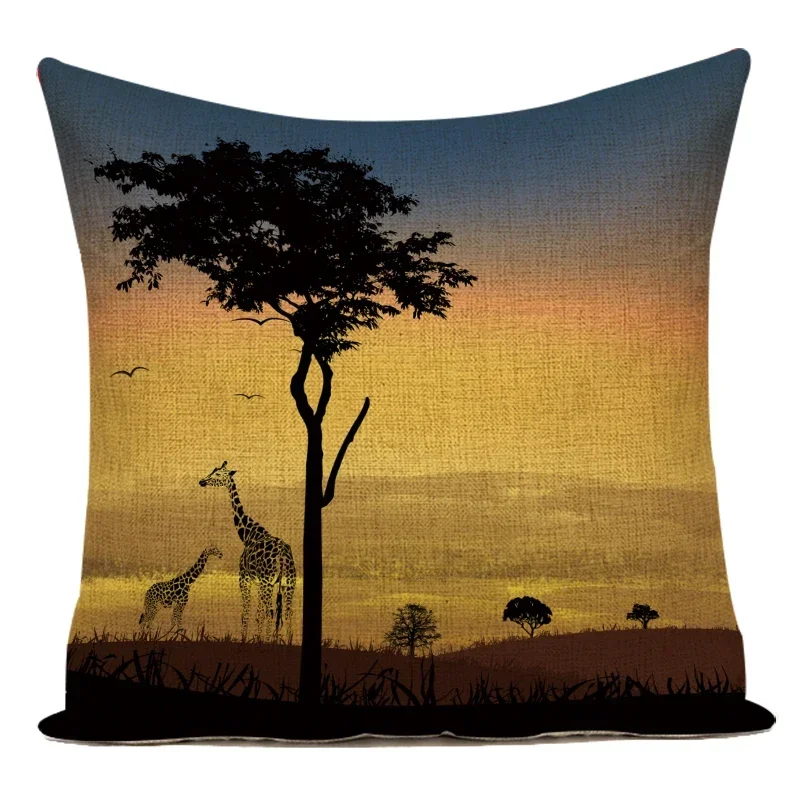 Decorative Throw Pillows Case Scenic Trees Animals Giraffe Polyester Pillow Cushion Cover for Living Room Sofa Car Home