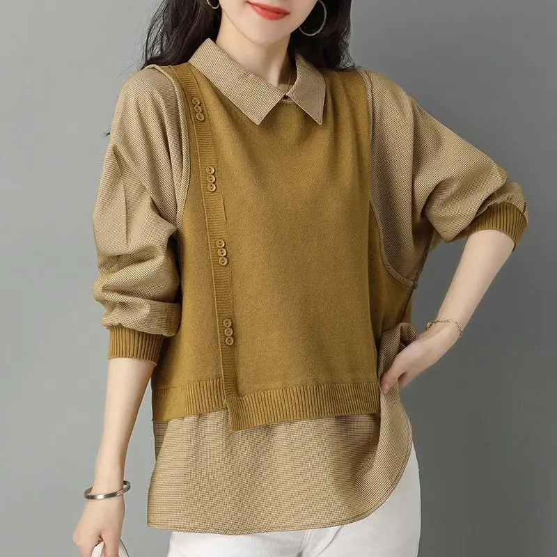 

Новая модная женская элегантная вязаная блузка «под 2 предмета» с воротником-рубашкой, свободный крой, повседневный топ для женщин, весна-осень 2025