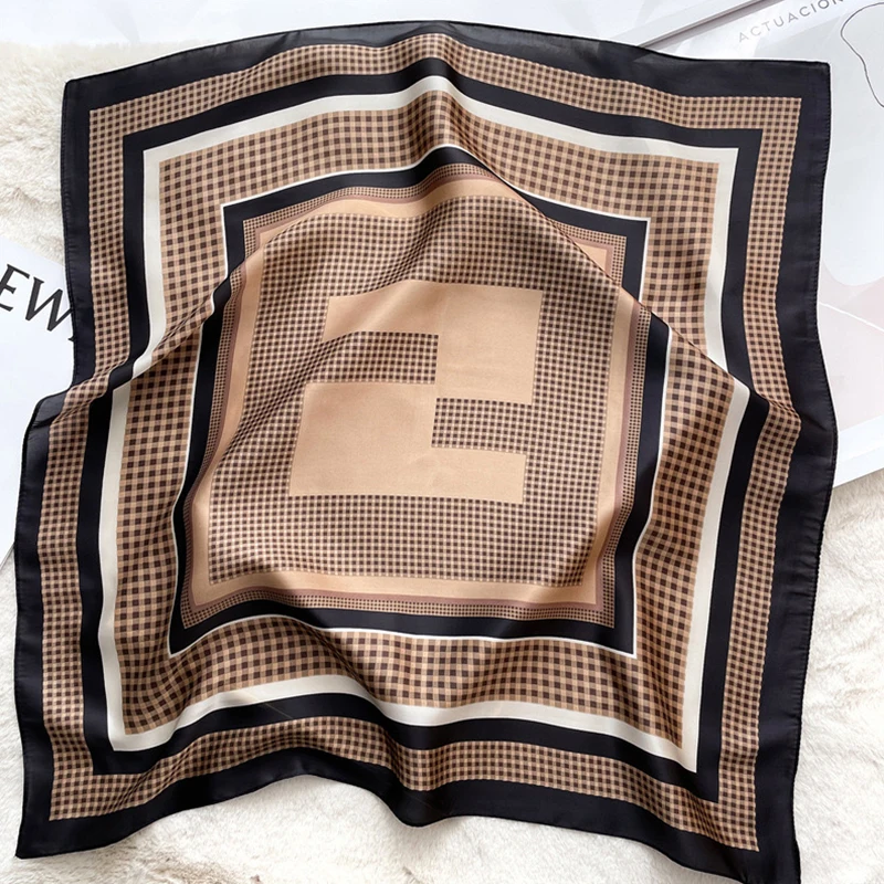 1pcs 70cm Checkerboard Geometric Pattern Silk Scarf for Women Imitation Silk Simple Versatile Headwear Clothing Square Scarf