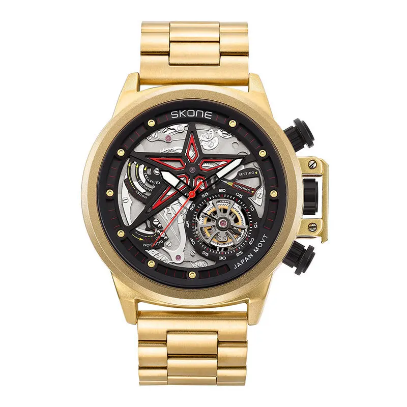 SKONE 기계식 윈드 라이트 럭셔리 대형 다이얼 키네틱 플라이휠 하이 베어링 쿼츠 펜타그램 모양의 다이얼 손목시계