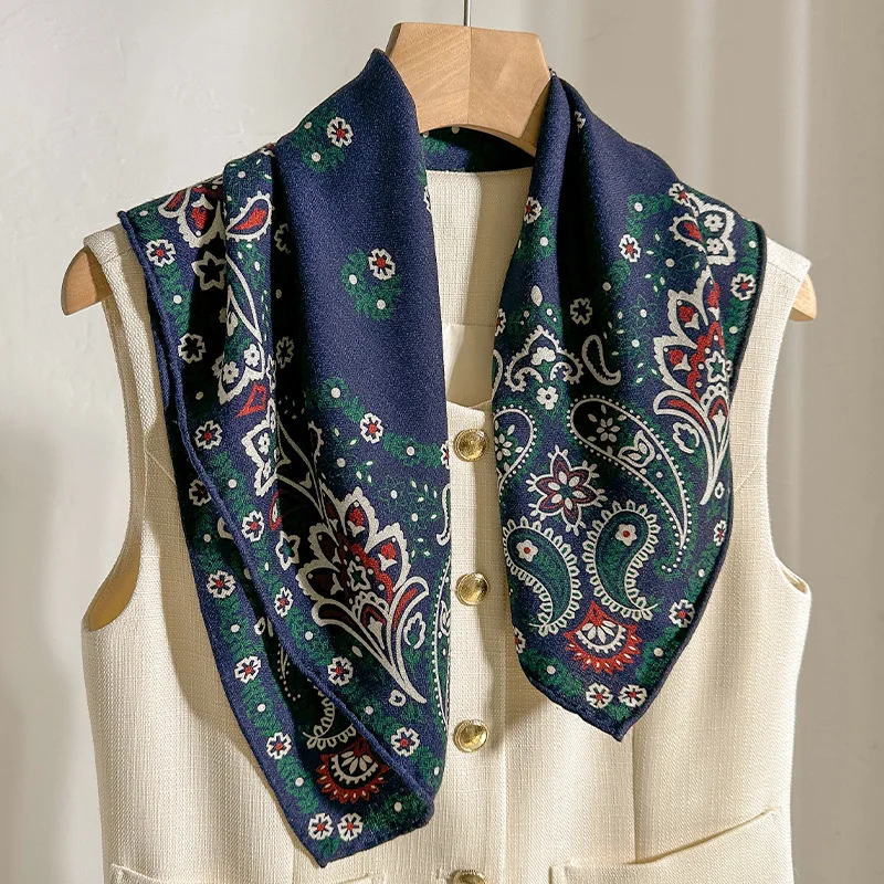 70% Wool 30% Silk Scarf Women Winter Ethnic Gray Orange Blue Paisley Print Neck Scarves Shawl Female Hijab Ladies Accessories