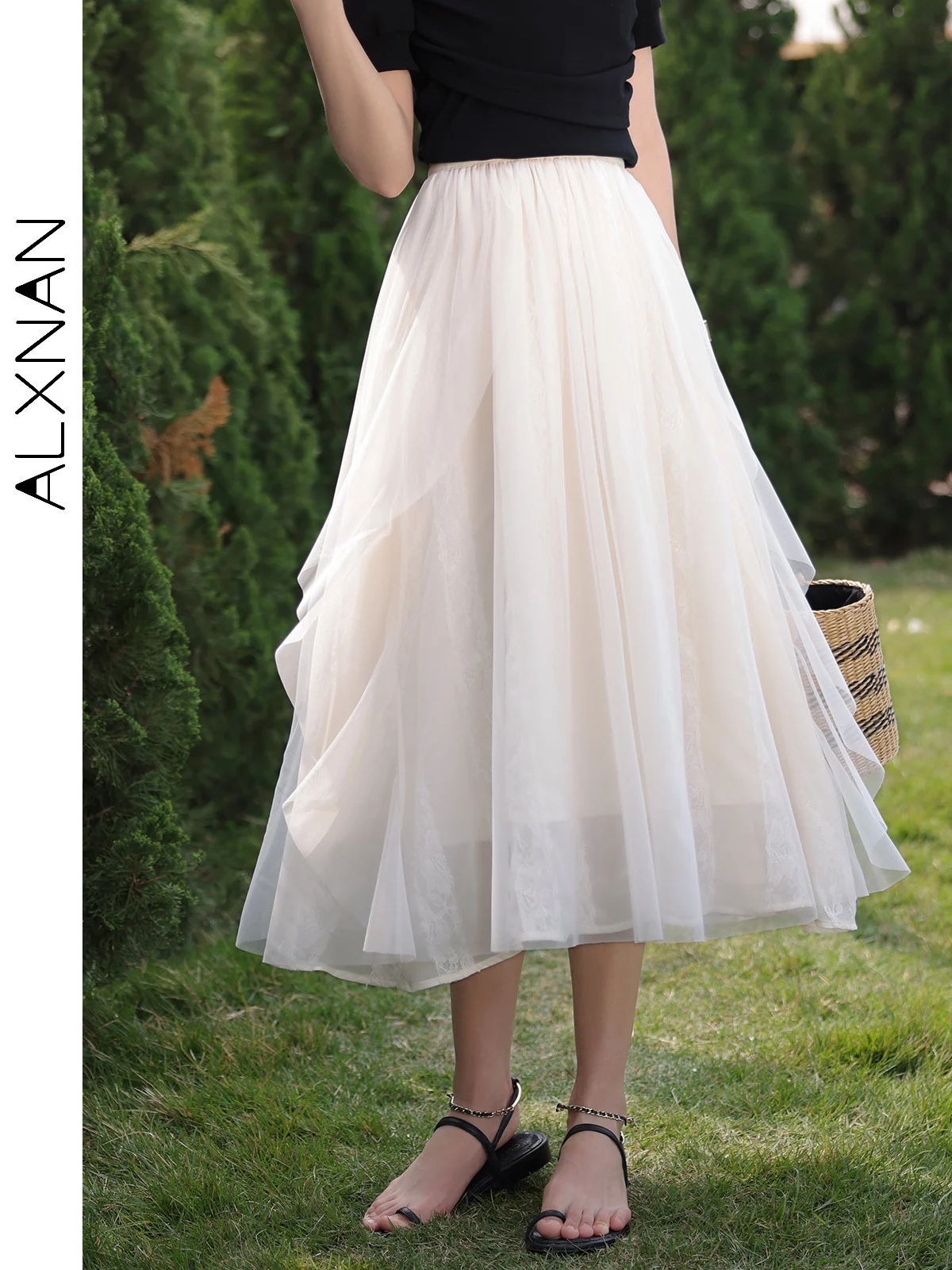 

ALXNAN Women's Mesh Skirt 2025 A-line Casual Elegant Midi Skirt Holiday Party Beach Loose-fit Casual Ladies Clothing LXN29260