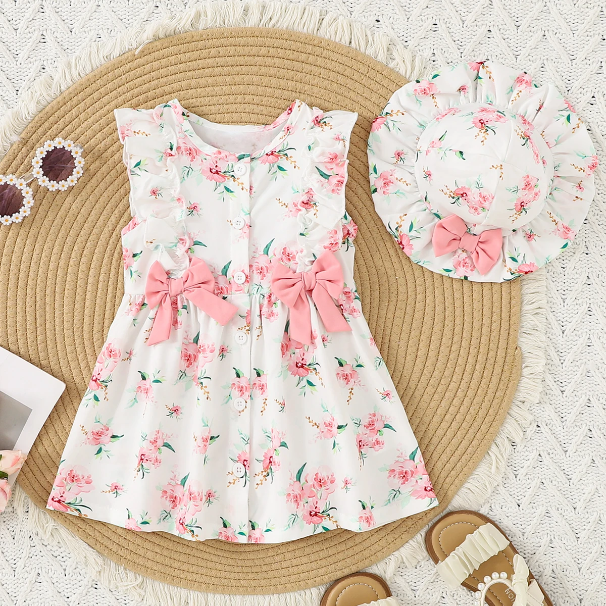 

Baby Girl Summer Sleeveless Dress and Hat Set Sweet Pink Floral Seaside Vacation Clothing for 1-18 Months Old Infants
