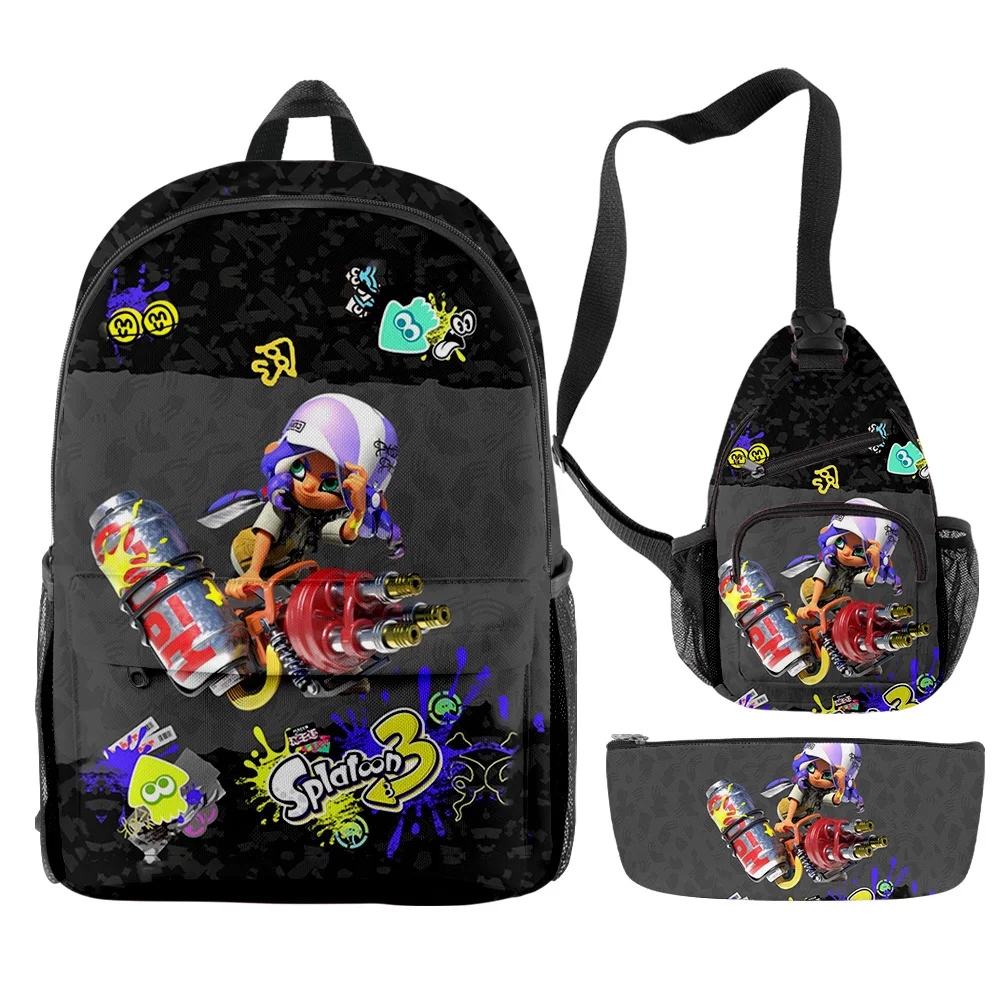 Trendy Youthful Funny Splatoon 3 3pcs/Set Backpack 3D Print Bookbag Laptop Daypack Backpacks Chest Bags Pencil Case