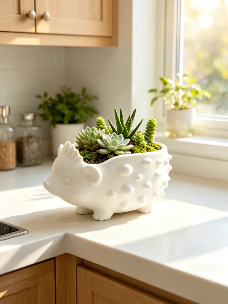 Hedgehog-Shaped Home Decor Flower Pot, Matte White Large-Diameter Mini Succulent Flower Pot, Embossed Textured Cartoon Hedgehog, Suitable for Small Indoor Plants Like Cacti, Window Sill, Office Desk Flower Pot, Living Room and Bedroom Decorative Ornament, Gardening Gift for Succulent Enthusiasts