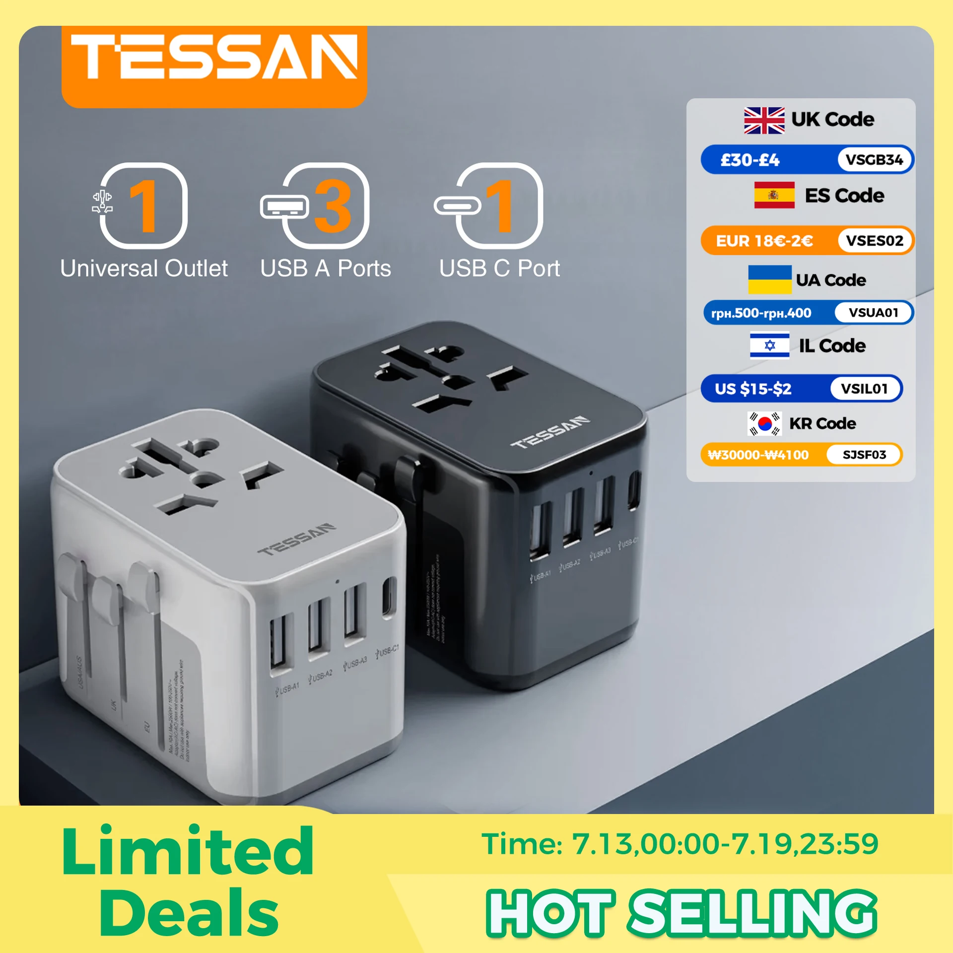 Uniwersalny adapter podróżny TESSAN z portem USB i typem C, adapter zasilania na cały świat Wtyczka…