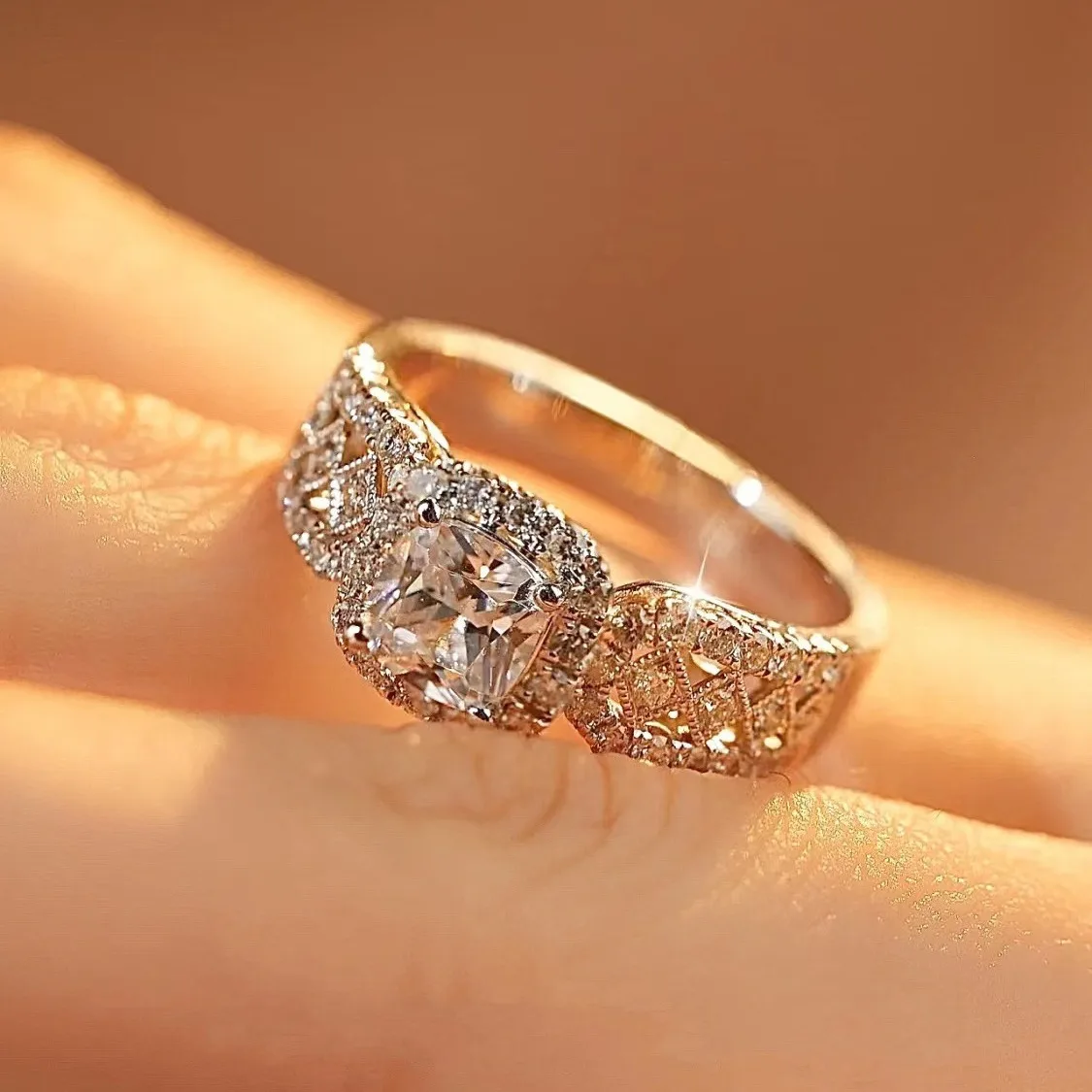 Lace Square Bezel Ring 1ct Moissanite Women's PT950 Platinum - Ergonomic band curve, comfortable fit for all-day wearing