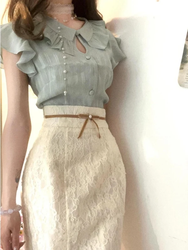 

Elegant Lace Long Dress And Fish Tail Waist Bag Set with Button up Top And Cap Sleeves for Women Spring Summer Fashion Ensemble
