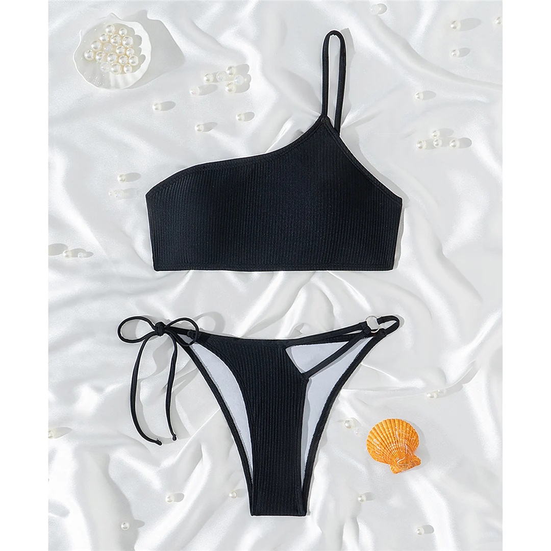 Neuer asymmetrischer One-Shoulder-Bikini mit hohem Beinausschnitt, Damen-Badeanzug, zweiteiliger Bikini-Set, Badebekleidung, Badeanzug, Schwimmanzug V6309 – Detail 10