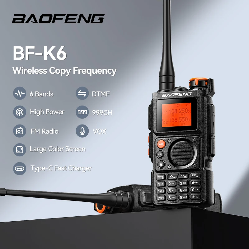 

Портативная рация Baofeng K6 с поддержкой авиационного диапазона, UHF/VHF, многодиапазонная, 999 каналов, Type-C, беспроводная, 1750 Гц, двухсторонняя связь
