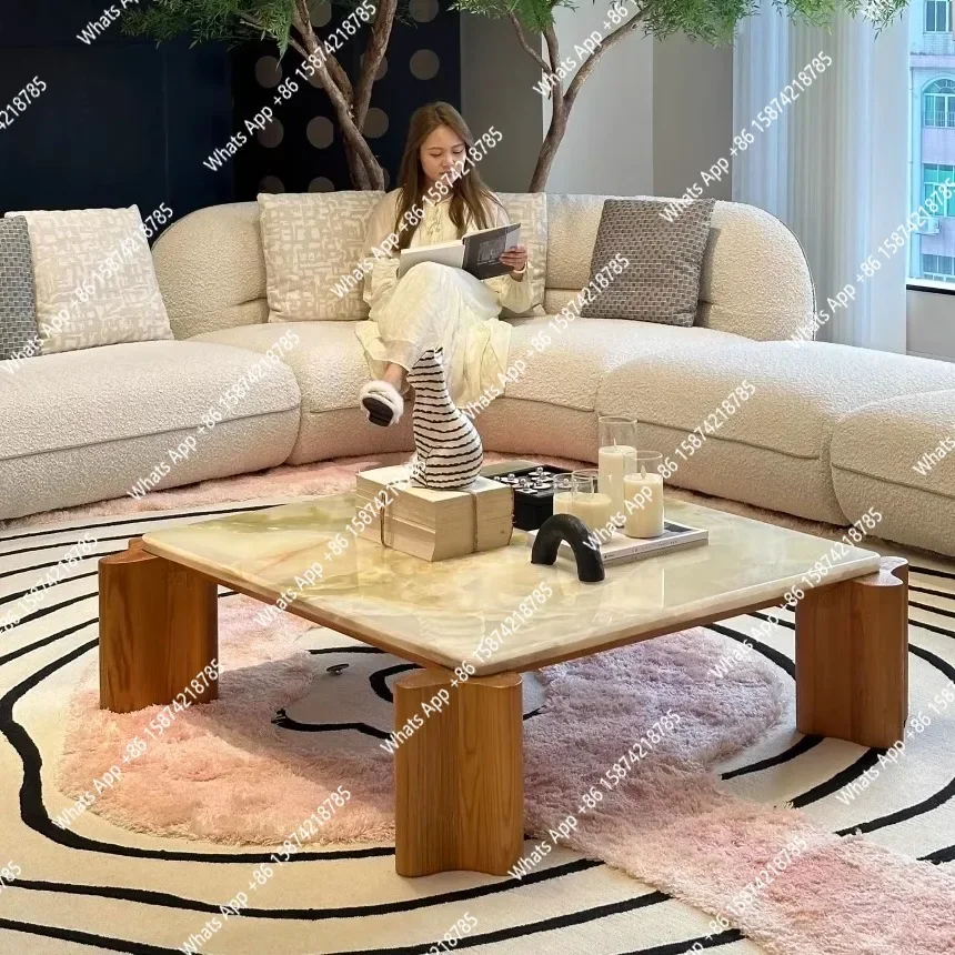 

S Celadon Green Marble & Solid Wood Square Table, Nordic Wabi-Sabi Minimalist Design, Heat&Scratch Resistant, Artisan, Customize