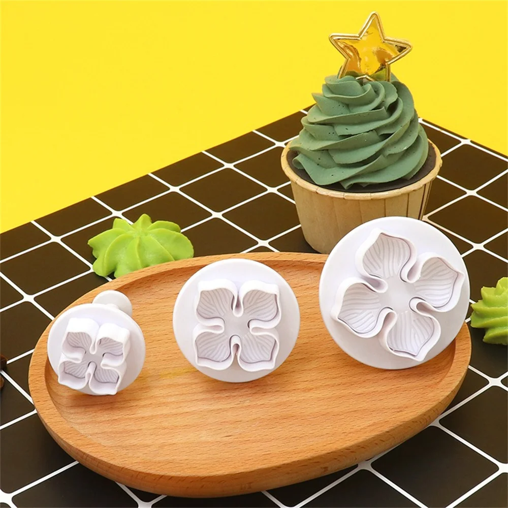 3Pcs/Set Silicone Hydrangea Fondant Cake Decorating Plunger Cutter Flower Blossom Mold Home Cake Tools