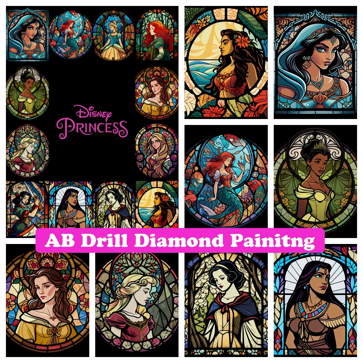 

Disney Princess Stained Glass AB Diamond Painting Cartoon Embroidery Rhinestone Mosaic Cross Stitch Home Decor Children's Gift