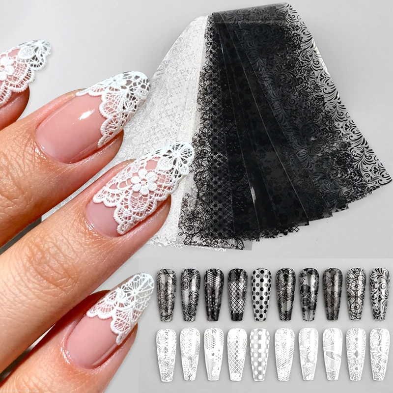 20pcs White Black Wedding Lace Nail Art Foils Vintage Floral Vine Rose Flower Polka Dot Nail Transfer Stickers Decals Decoration