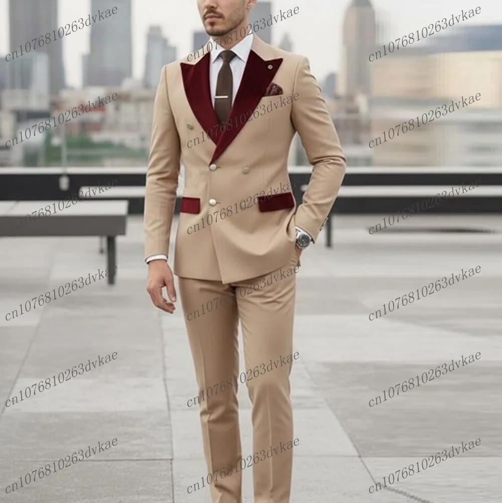

Burgundy And Beige Men Suit Wedding Party Formal Occasion Groom Groomsman Prom Business Male Tuxedos 2 Piece Set Jacket Pants
