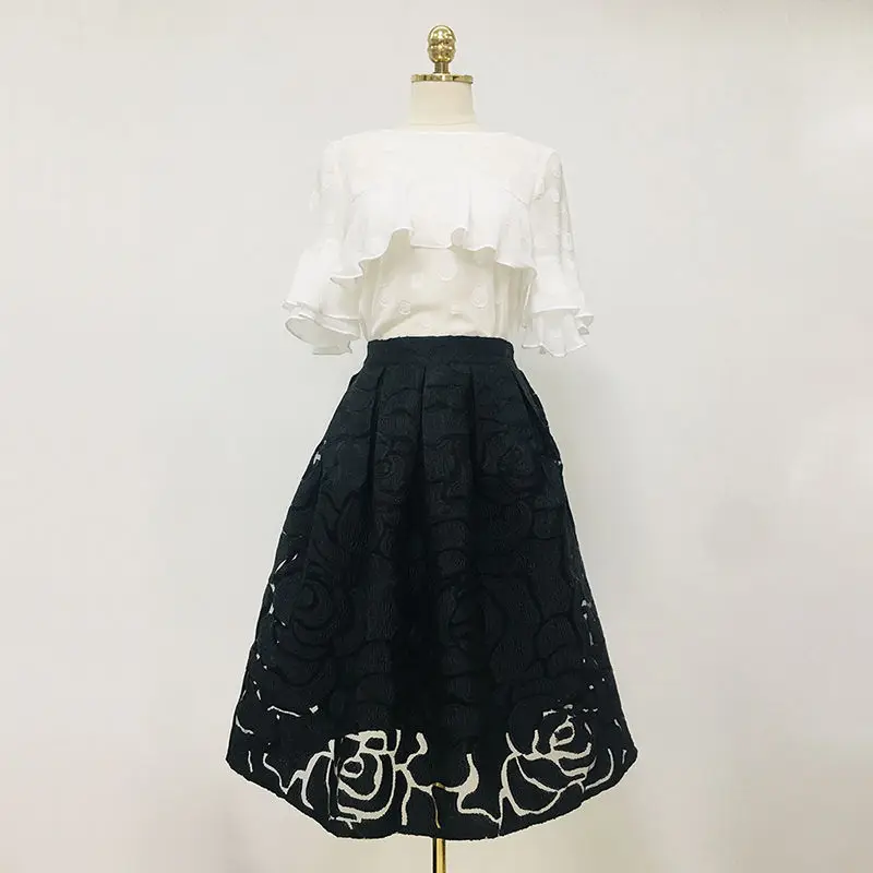 Organza Skirt Puffy Skirt Summer Style Slim Mid-length Mesh Hollow Embroidered Pure Black Pleated Umbrella Skirt